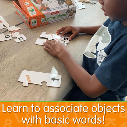 Infographic of young boy playing Match It - 3 Letter Words that says, "Learn to associate objects with basic words!"