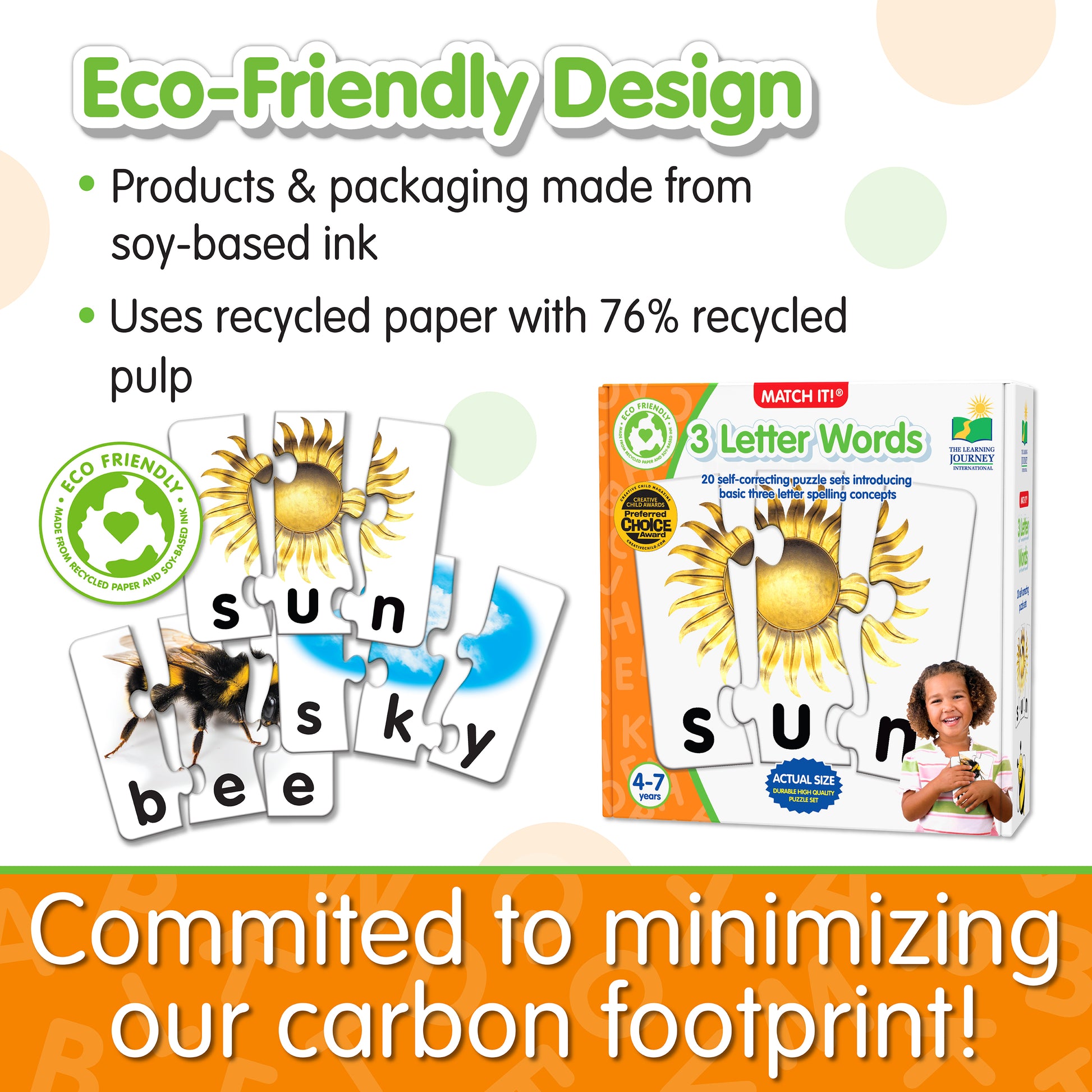 Infographic about Match It - 3 Letter Words' eco-friendly design that says, "Committed to minimizing our carbon footprint!"
