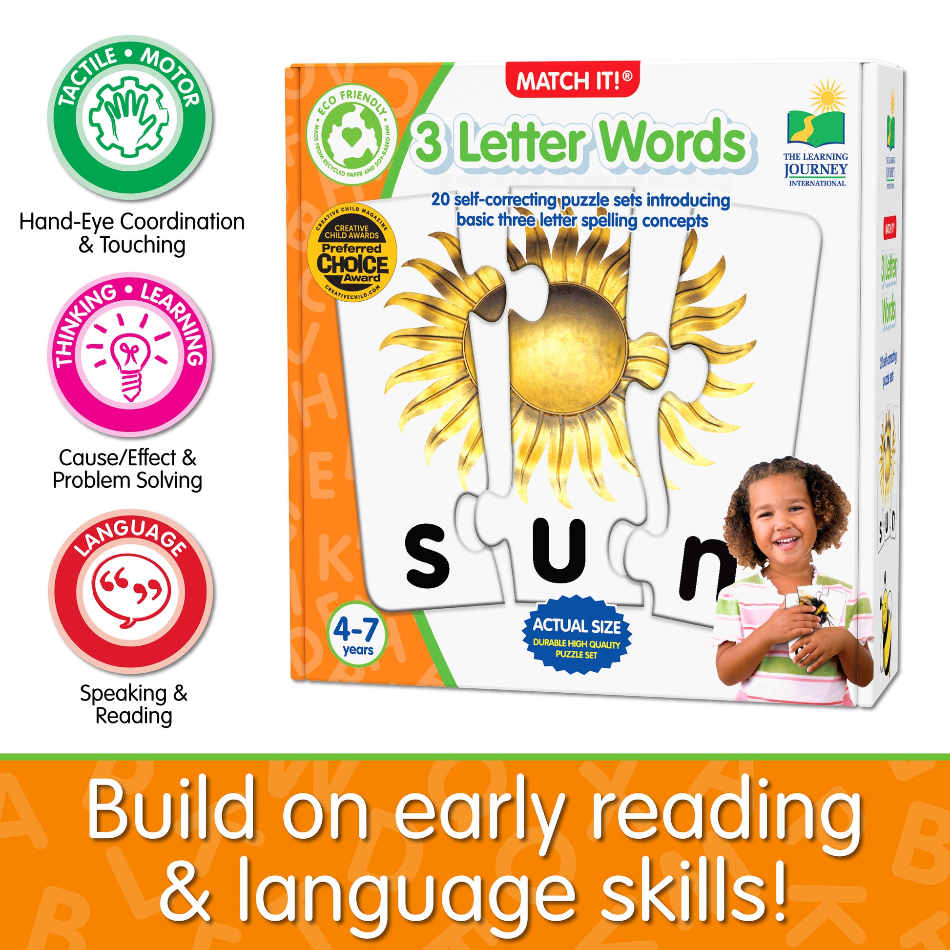 Infographic about Match It - 3 Letter Words' educational benefits that says, "Build on early reading and language skills!"