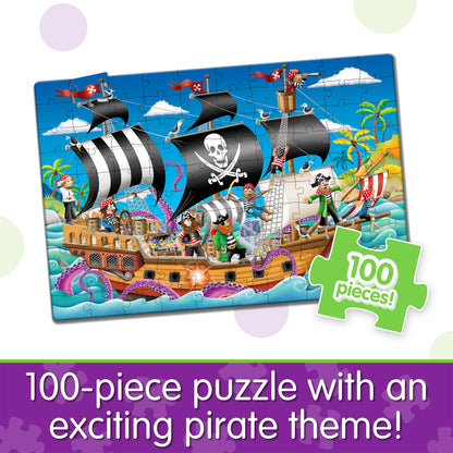 Infographic about Glow in the Dark - Pirate Ship that says, "100-piece puzzle with an exciting pirate theme!"