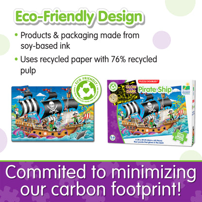 Infographic about Glow in the Dark - Pirate Ship's eco-friendly design that says, "Committed to minimizing our carbon footprint!"