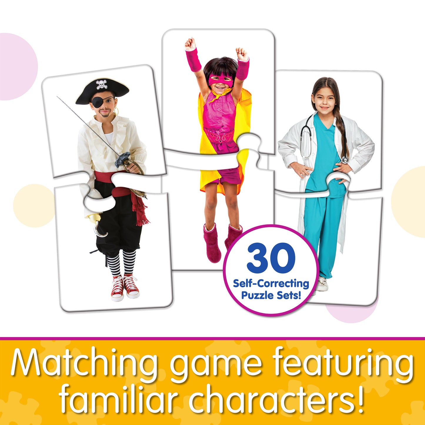 Infographic about Match It - Who Am I that says, "Matching game featuring familiar characters!"