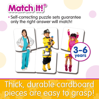 Infographic about Match It - Who Am I's features that says, "Thick, durable cardboard pieces are easy to grasp!"