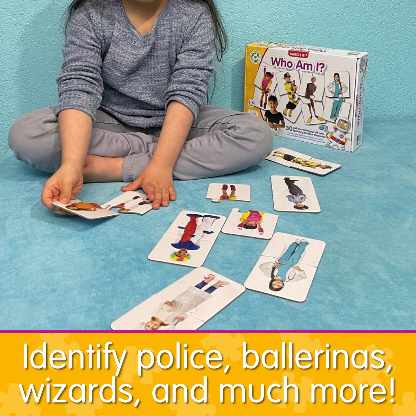 Infographic of little girl playing Match It - Who Am I that says, "Identify police, ballerinas, wizards, and much more!"