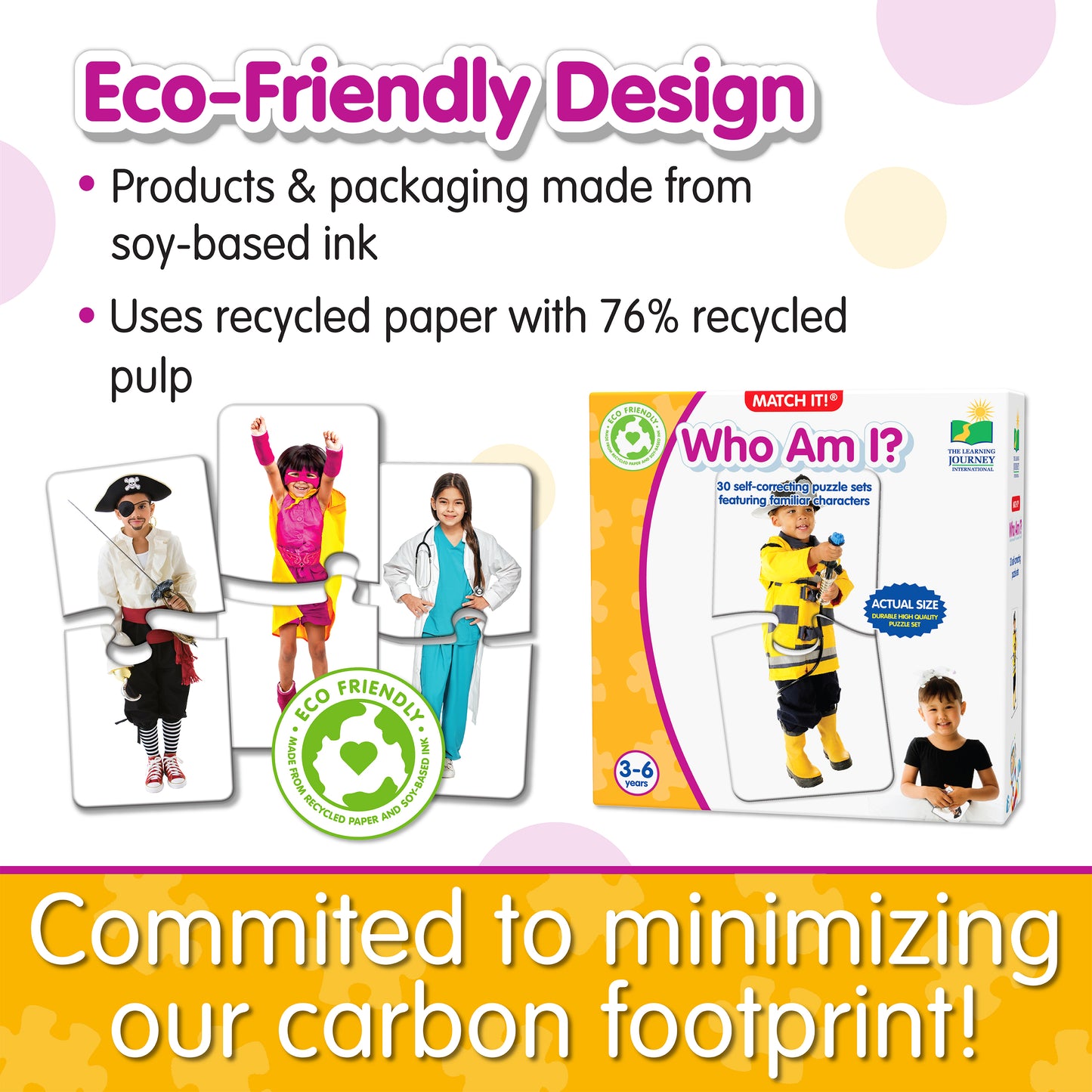Infographic about Match It - Who Am I's eco-friendly design that says, "Committed to minimizing our carbon footprint!"