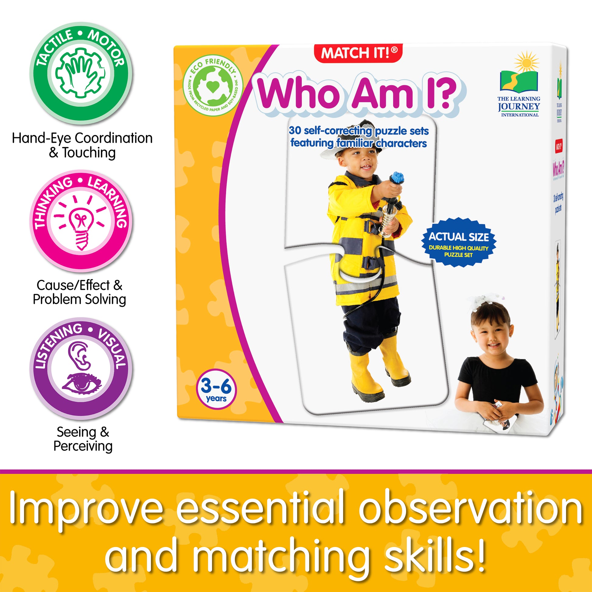 Infographic about Match It - Who Am I's educational benefits that says, "Improve essential observation and matching skills!"