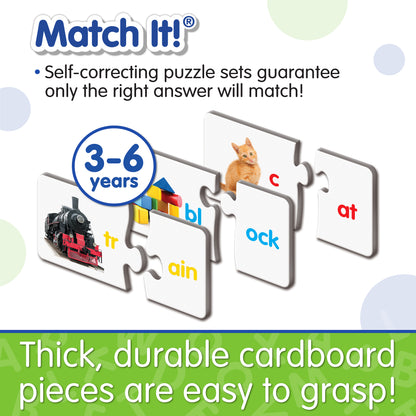 Infographic about Match It - Words' features that says, "Thick, durable cardboard pieces that are easy to grasp!"