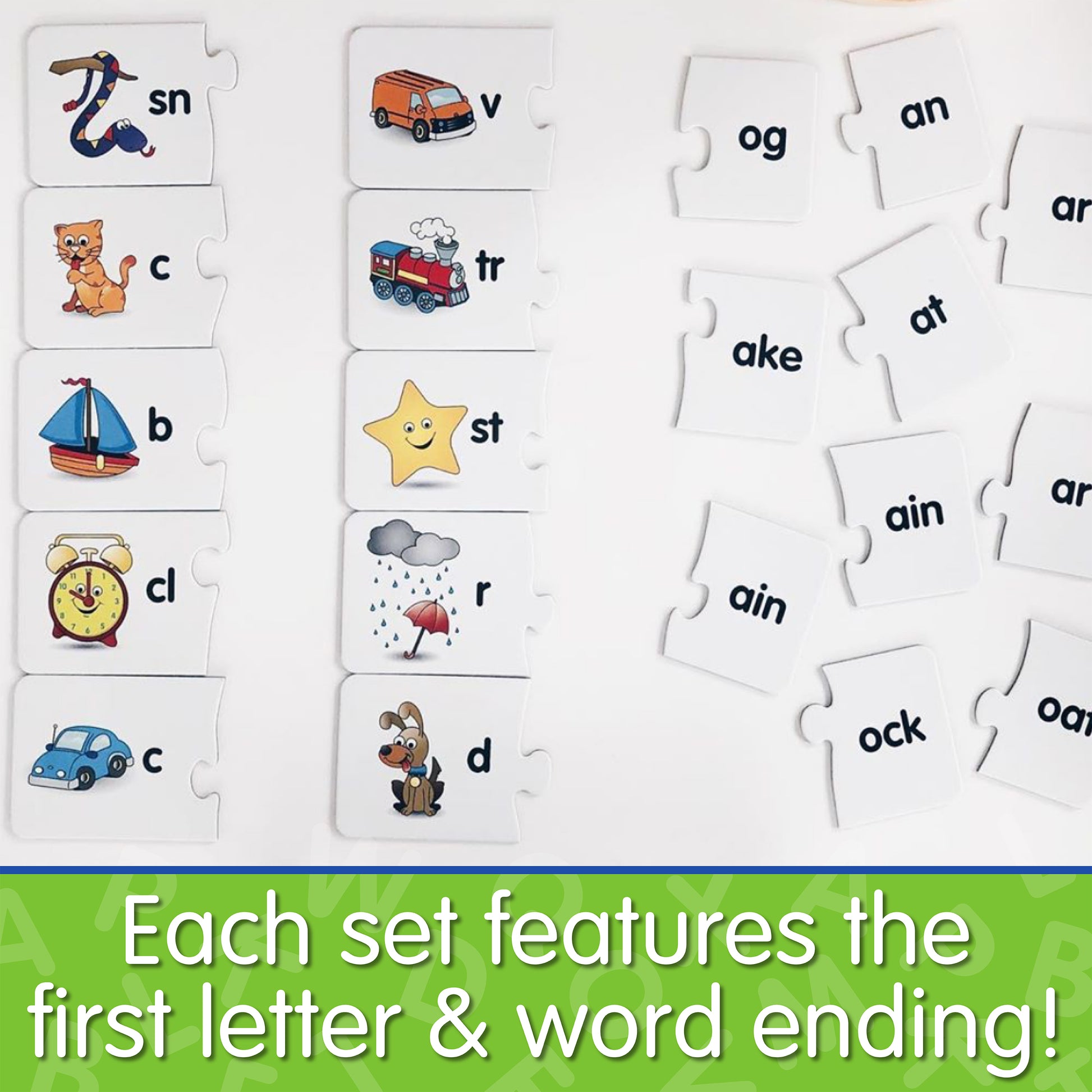 Infographic about Match It - Words that says, "Each set features the first letter & word ending!"