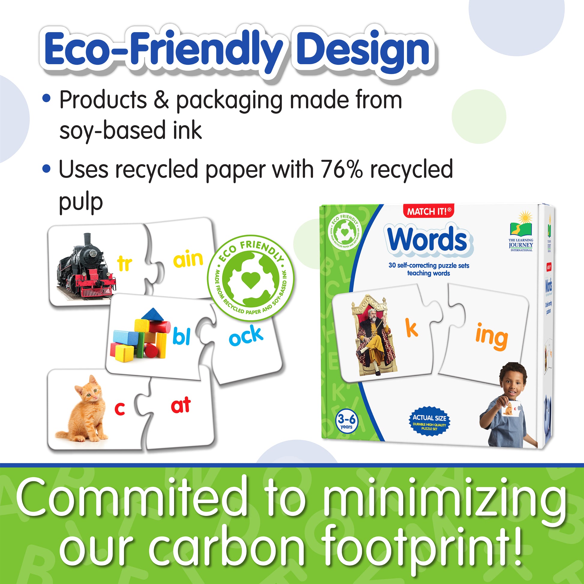 Infographic about Match It - Words' eco-friendly design that says, "Committed to minimizing our carbon footprint!"