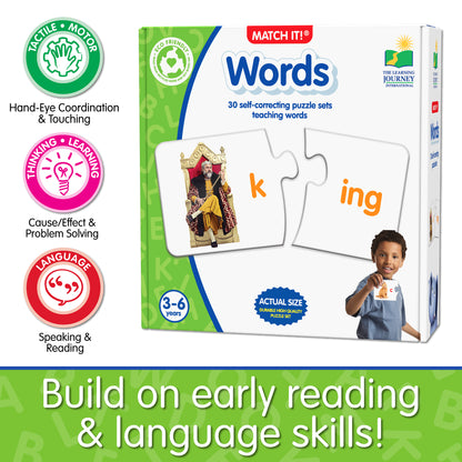 Infographic about Match It - Words' educational benefits that says, "Build on early reading and language skills!"