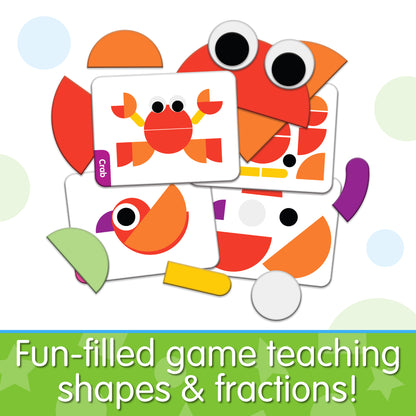 Infographic about Match It - Tangrams that says, "Fun-filled game teaching shapes and fractions!"