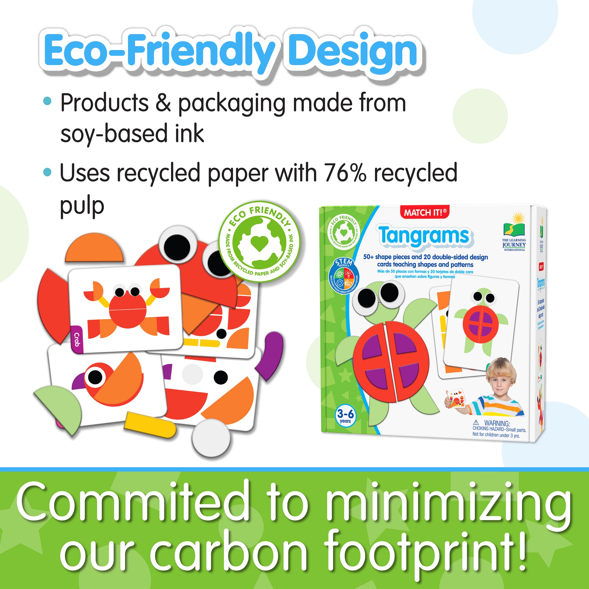 Infographic about Match It - Tangrams' eco-friendly design that says, "Committed to minimizing our carbon footprint!"