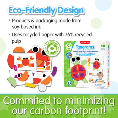Infographic about Match It - Tangrams' eco-friendly design that says, "Committed to minimizing our carbon footprint!"
