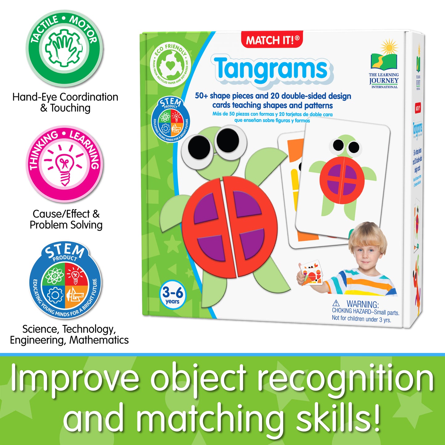 Infographic about Match It - Tangrams' educational benefits that says, "Improve object recognition and matching skills!"