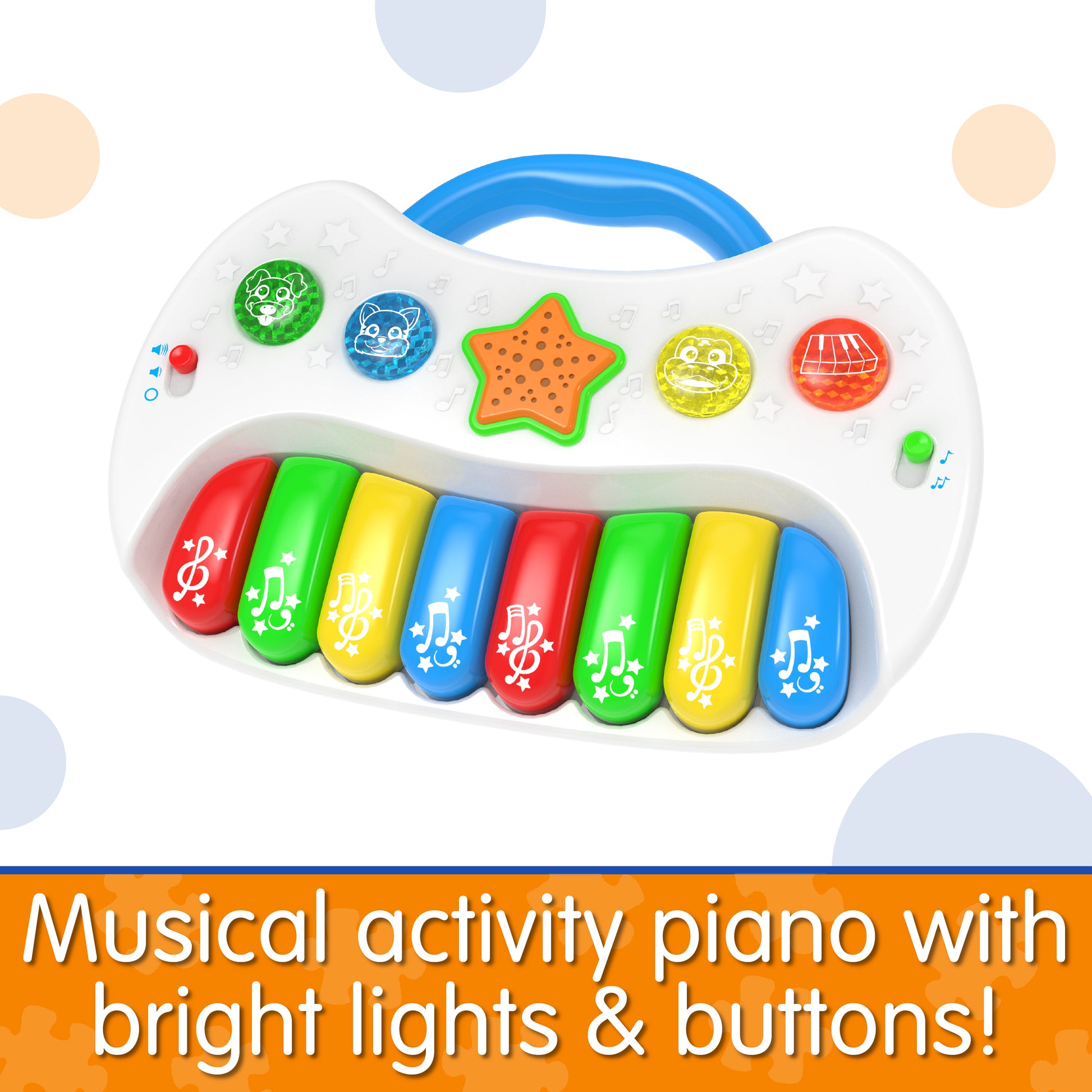 Infographic of Little Piano Tunes that says, "Musical activity piano with bright lights and buttons!"