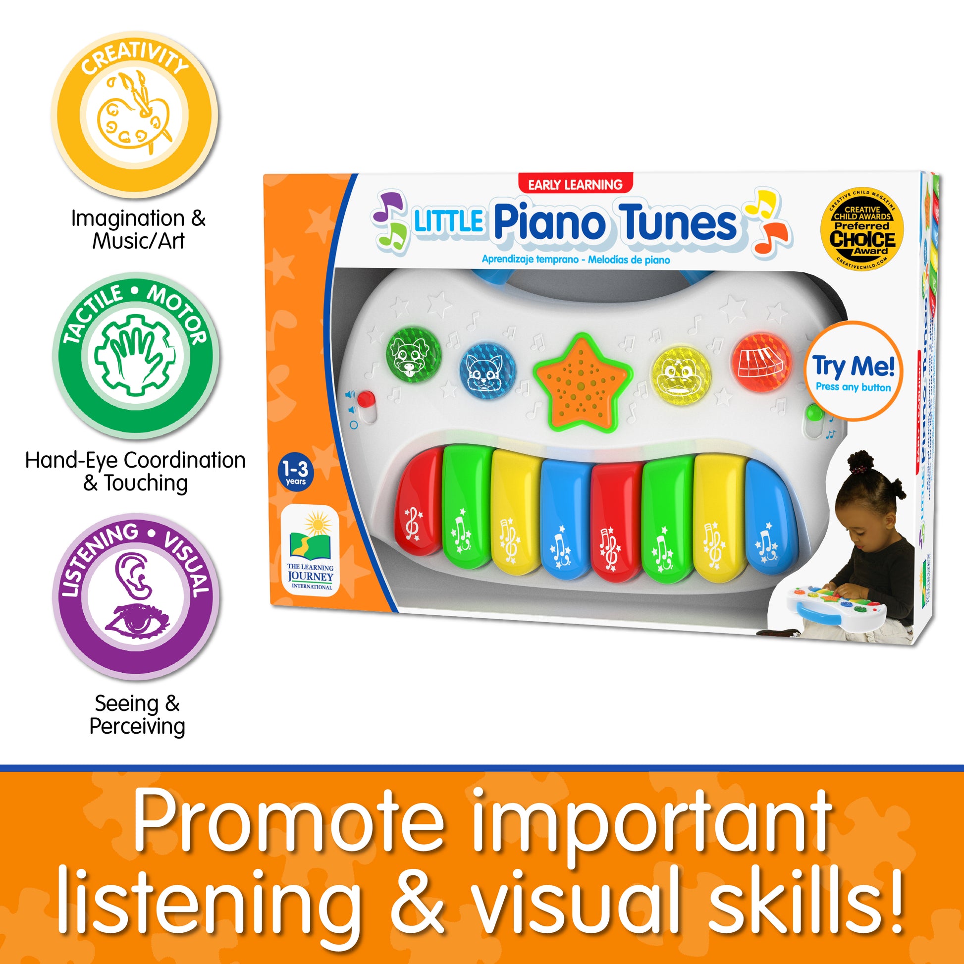Infographic of Little Piano Tunes' educational benefits that says, "Promote important listening and visual skills!"