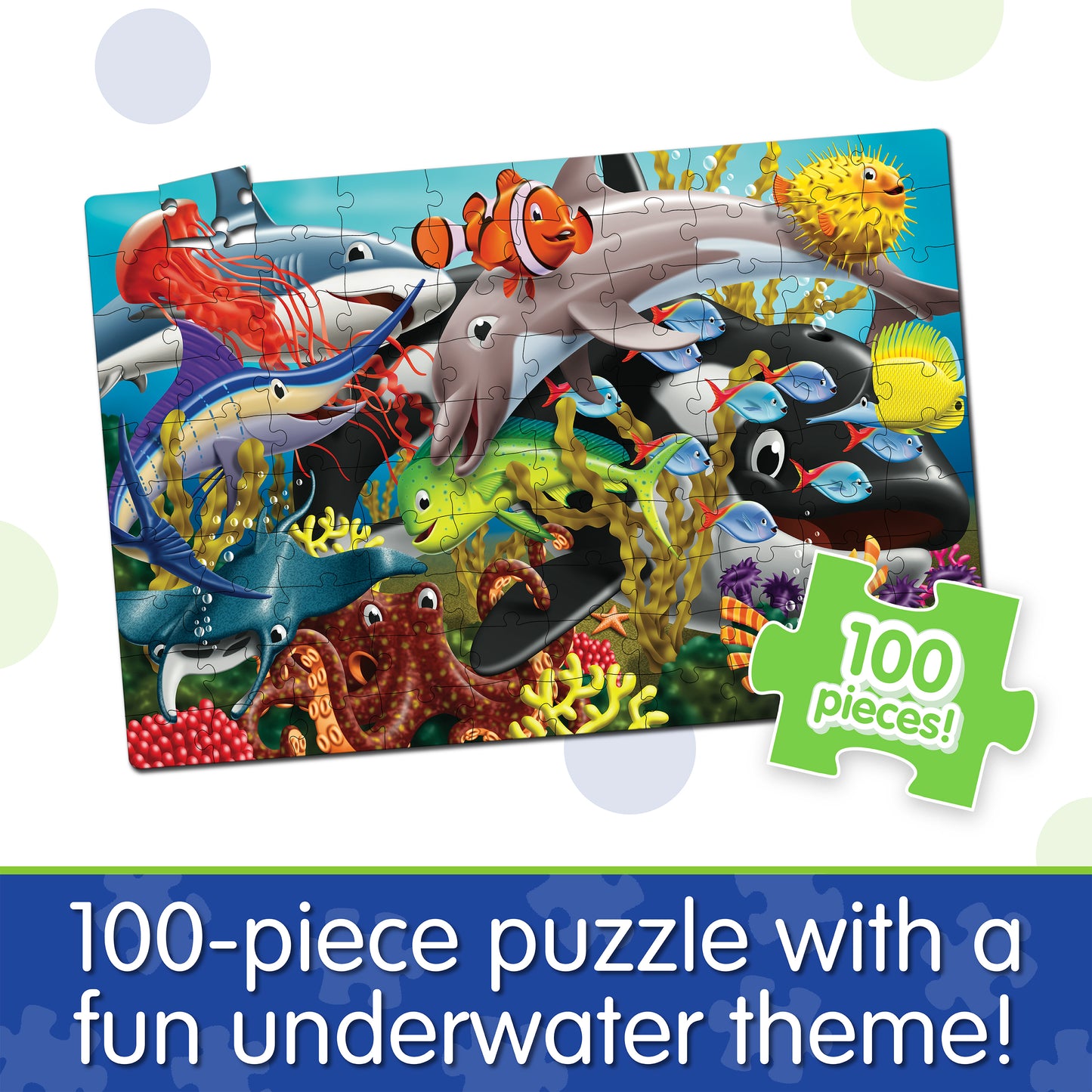 Infographic about Glow in the Dark - Sea Life that says, "100-piece puzzle with a fun underwater theme!"