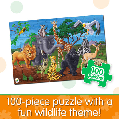 Infographic about Glow in the Dark - Wildlife that says, "100-piece puzzle with a fun wildlife theme!"