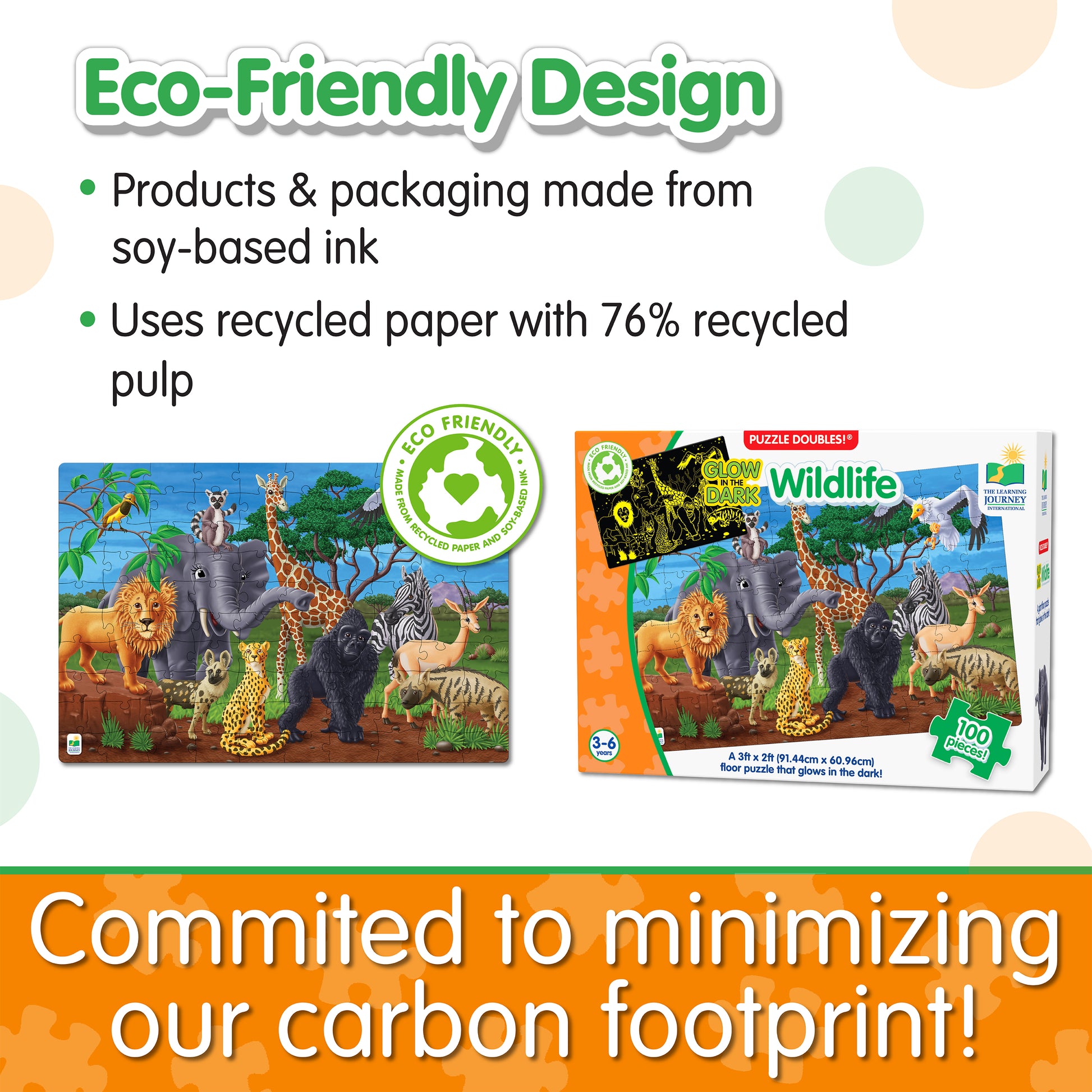 Infographic about Glow in the Dark - Wildlife's eco-friendly design that says, "Committed to minimizing our carbon footprint!"