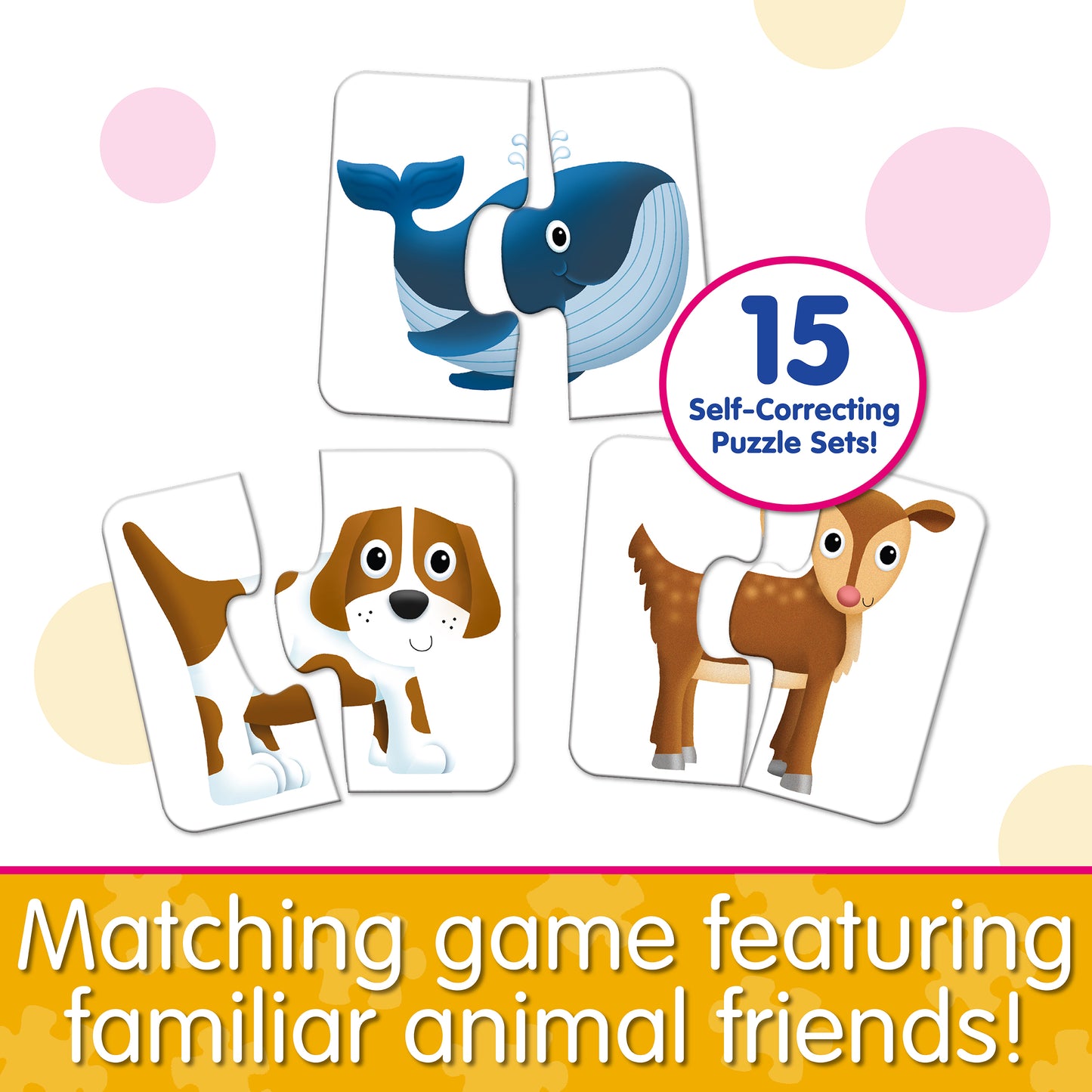 Infographic about My First Match It - Heads and Tails that says, "Matching game featuring familiar animal friends!"