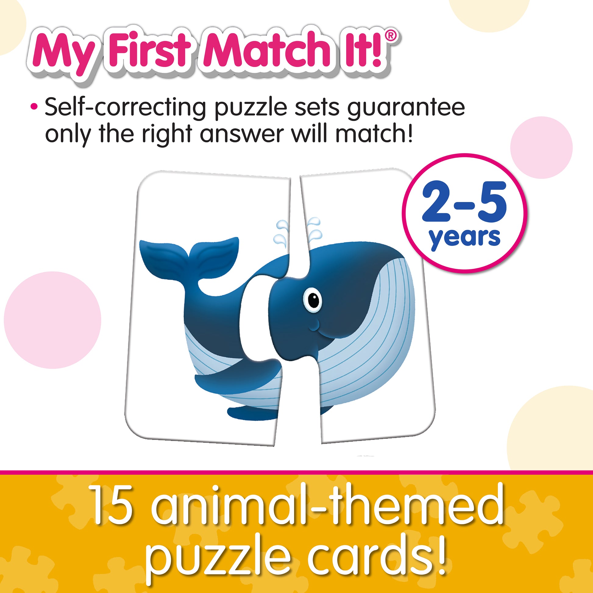 Infographic about My First Match It - Heads and Tails' features that says, "15 animal-themed puzzle cards!"