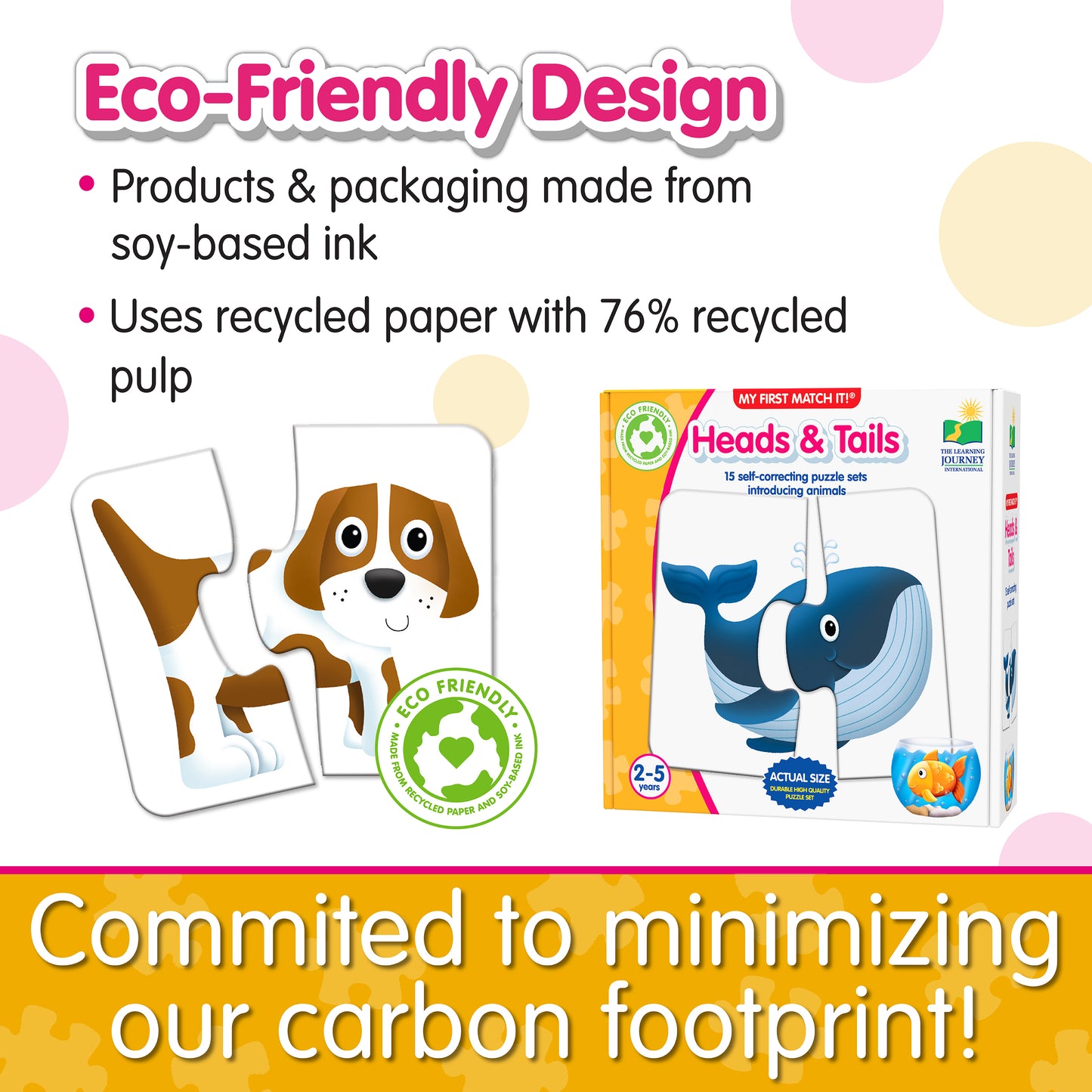 Infographic about My First Match It - Heads and Tails' eco-friendly design that says, "Committed to minimizing our carbon footprint!"