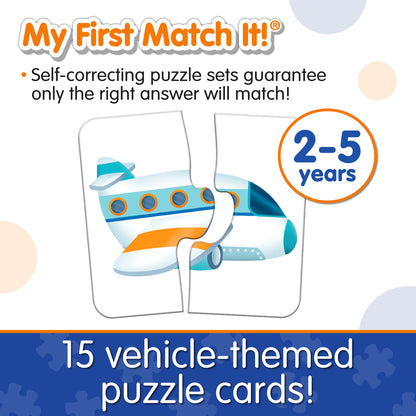 Infographic about My First Match It - Things That Go 's features that says, "15 vehicle-themed puzzle cards!"
