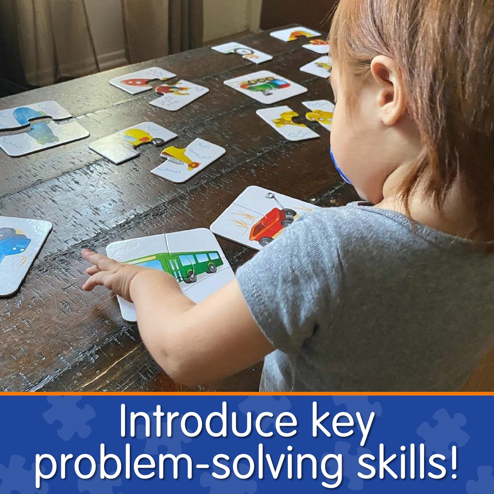 Infographic with little kid playing My First Match It - Things That Go that says, "Introduce key problem-solving skills!"
