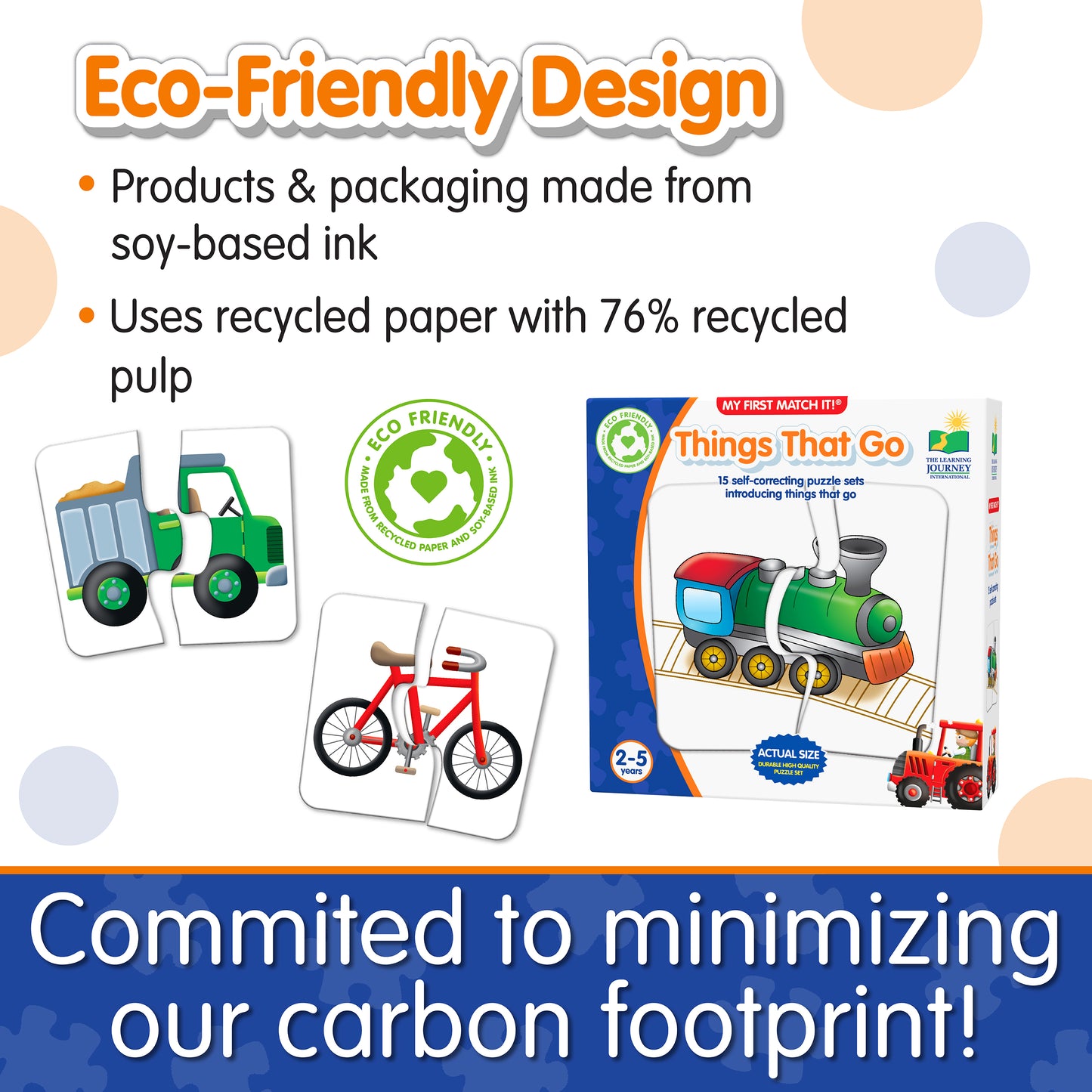 Infographic about My First Match It - Things That Go's eco-friendly design that says, "Committed to minimizing our carbon footprint!"