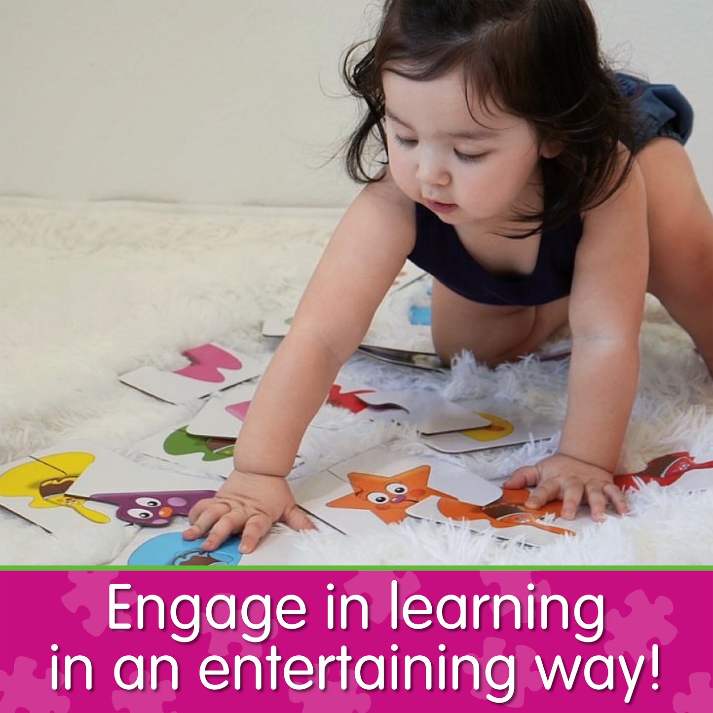 Infographic with little girl playing My First Match It - Colors and Shapes that says, "Engage in learning in an entertaining way!"