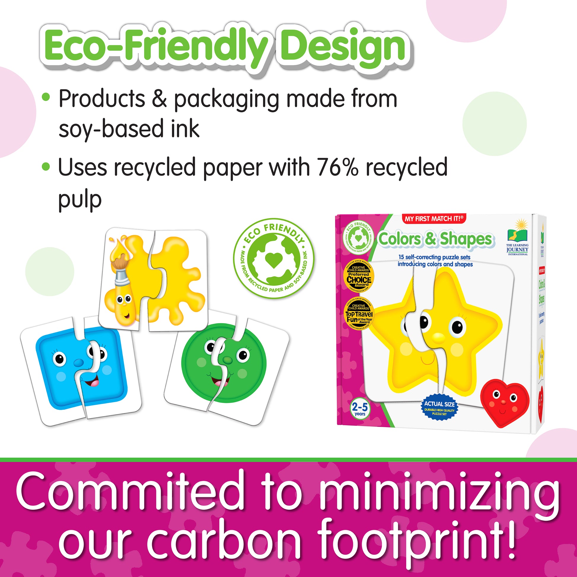 Infographic about My First Match It - Colors and Shapes' eco-friendly design that says, "Committed to minimizing our carbon footprint!"