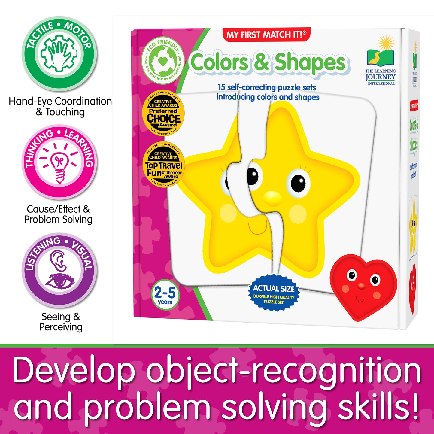 Infographic about My First Match It - Colors and Shapes' educational benefits that says, "Develop object-recognition and problem solving skills!"