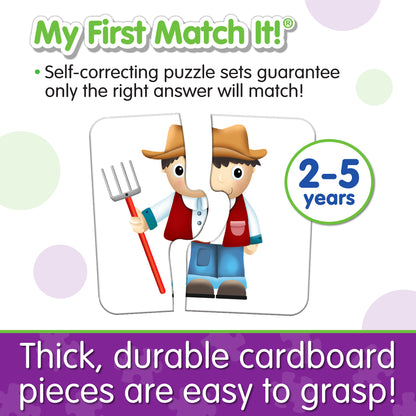 Infographic about My First Match It - On The Farm's features that says, "Thick, durable cardboard pieces are easy to grasp!"