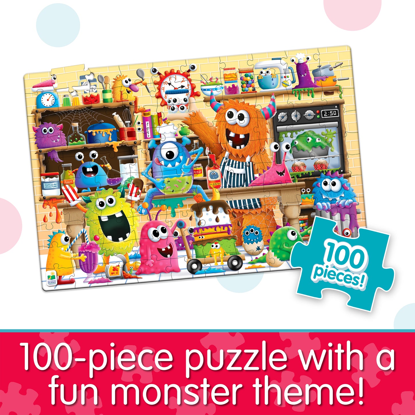 Infographic about Glow in the Dark - Monsters that says, "100-piece puzzle with a fun monster theme!"