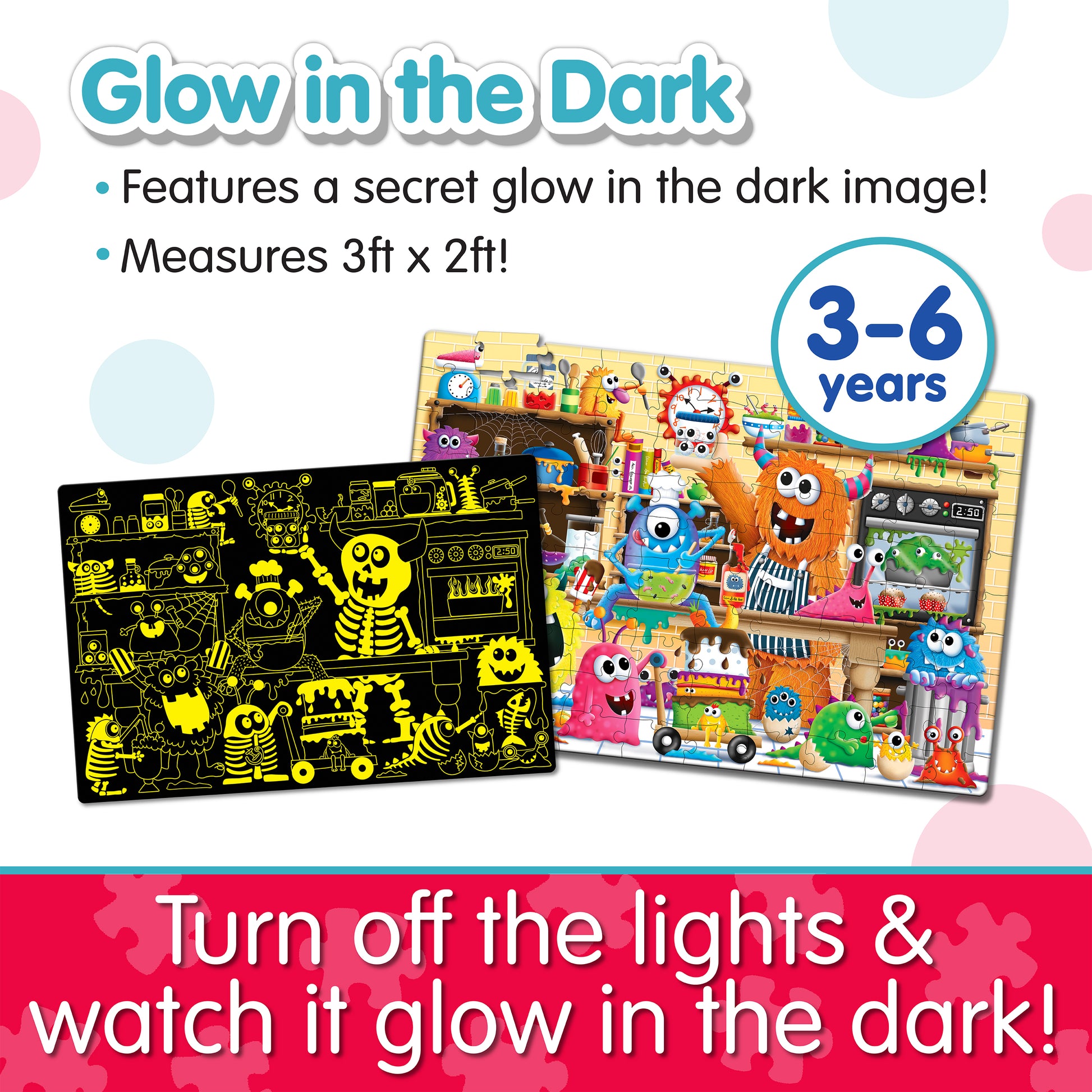 Infographic about Glow in the Dark - Monsters that says, "Turn off the lights and watch it glow in the dark!"