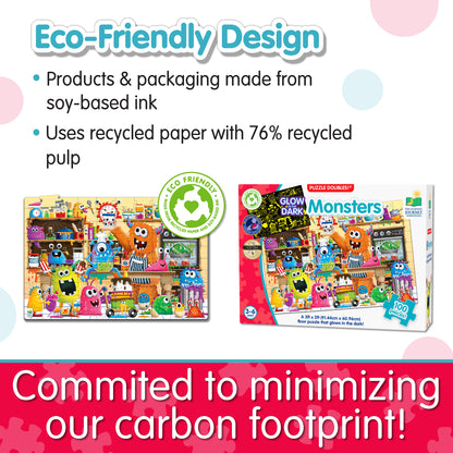 Infographic about Glow in the Dark - Monsters's eco-friendly design that says, "Committed to minimizing our carbon footprint!"