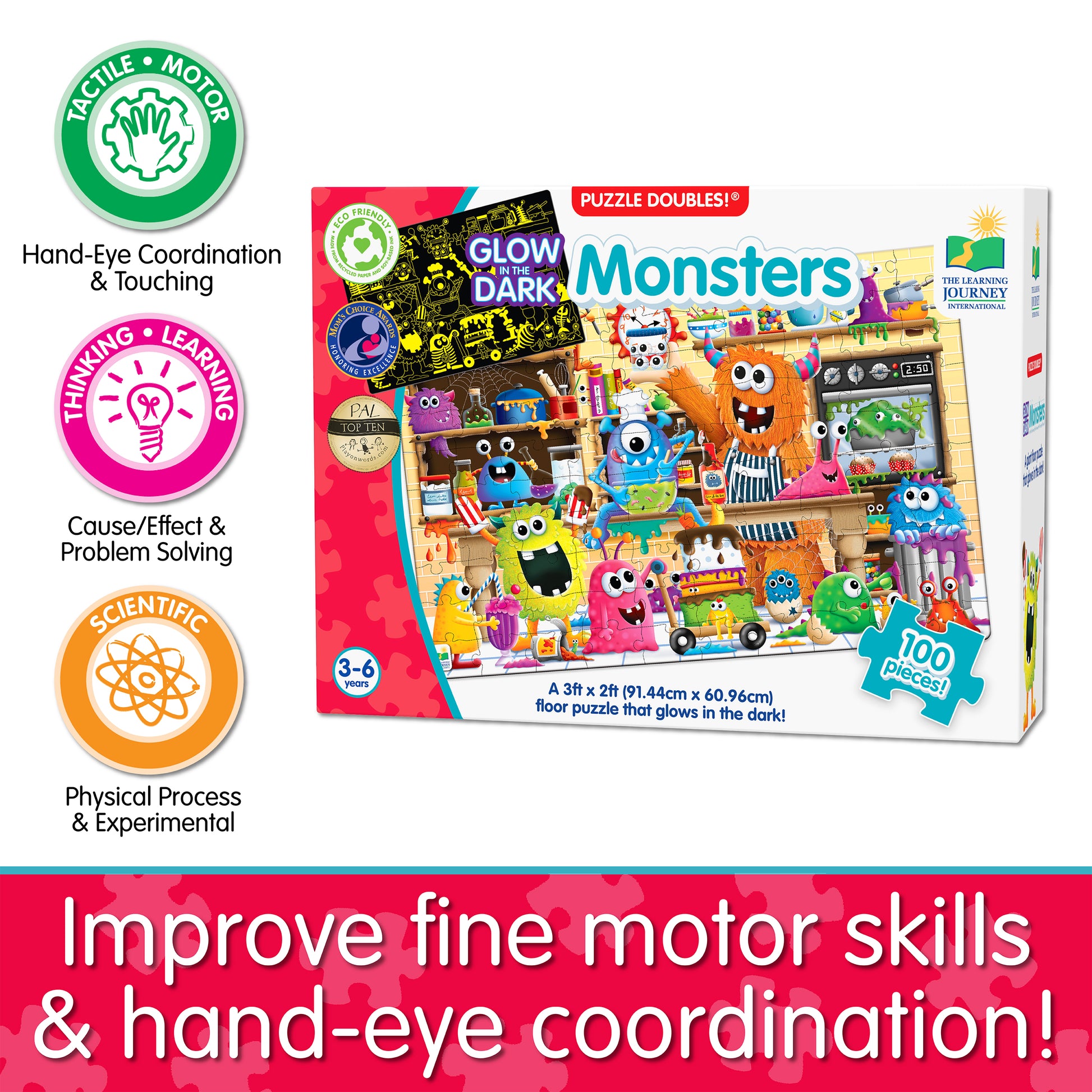 Infographic about Glow in the Dark - Monsters' educational benefits that says, "Improve fine motor skills and hand-eye coordination!"