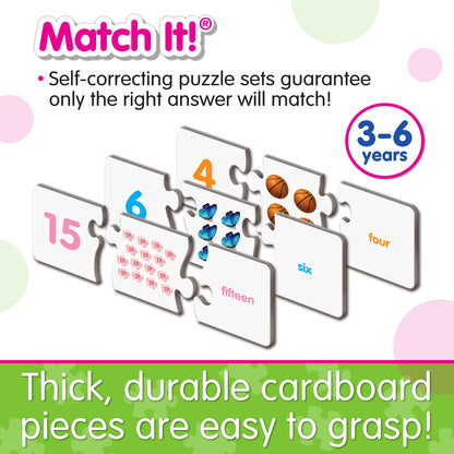 Infographic about Match It - Numbers' features that says, "Thick, durable cardboard pieces are easy to grasp!"