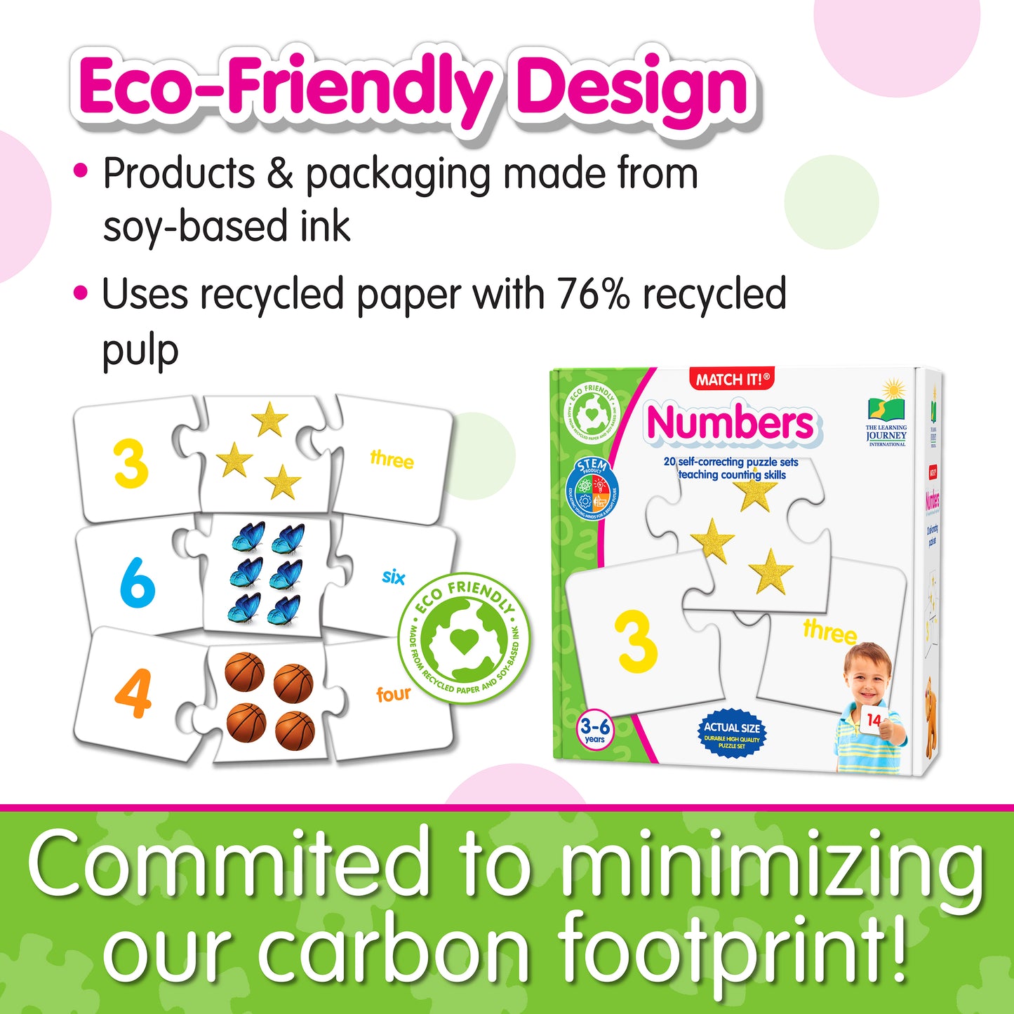 Infographic about Match It - Numbers' eco-friendly design that says, "Committed to minimizing our carbon footprint!"