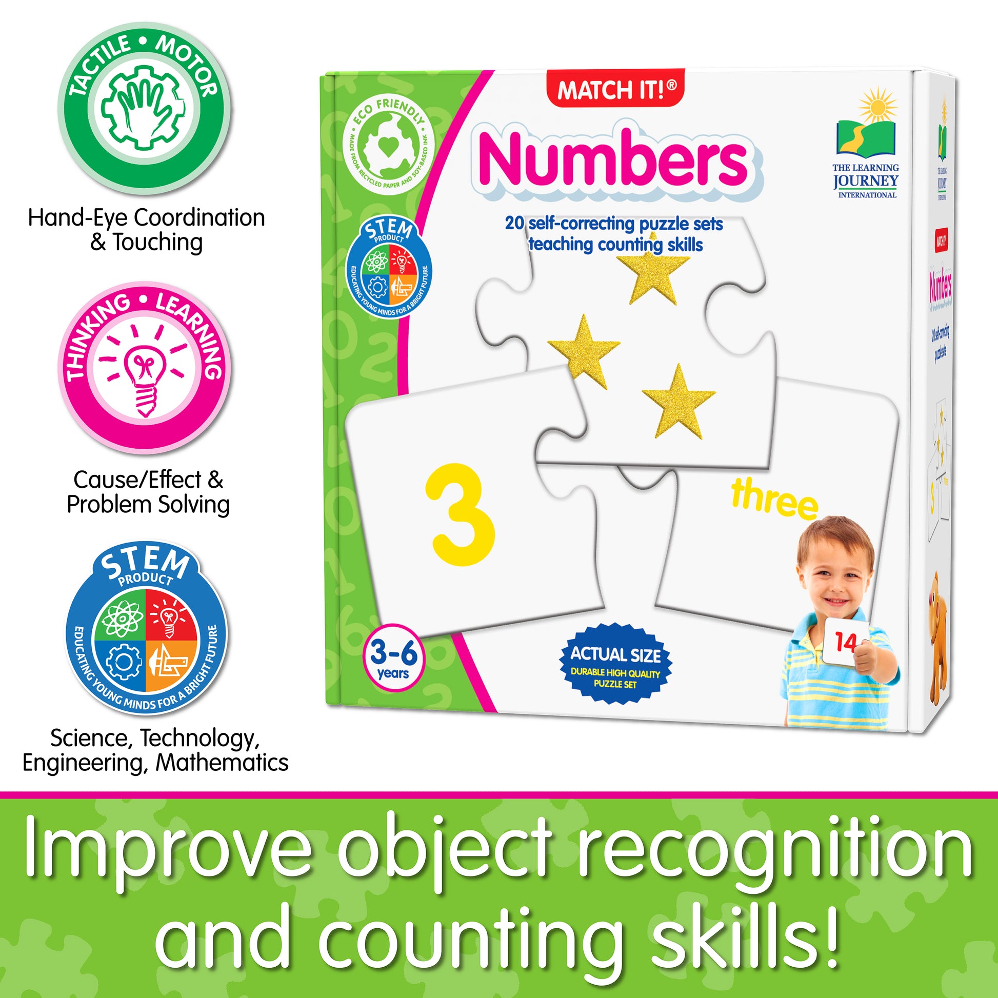 Infographic about Match It - Numbers' educational benefits that says, "Improve object recognition and counting skills!"