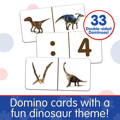Infographic about Match It - Dinomoes that says, "Domino cards with a fun dinosaur theme!"