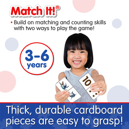 Infographic about Match It - Dinomoes' features that says, "Thick, durable cardboard pieces are easy to grasp!"