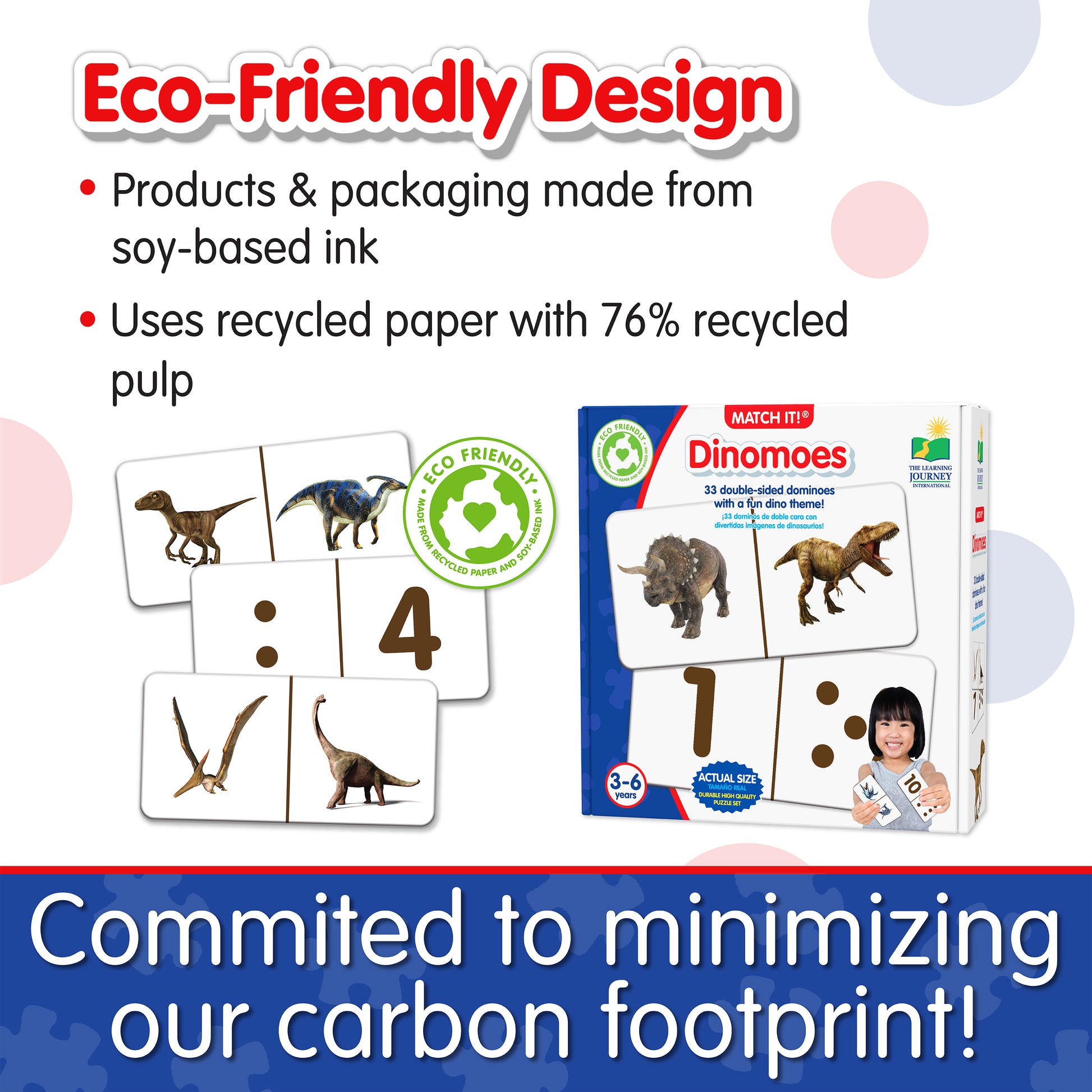 Infographic about Match It - Dinomoes' eco-friendly design that says, "Committed to minimizing our carbon footprint!"