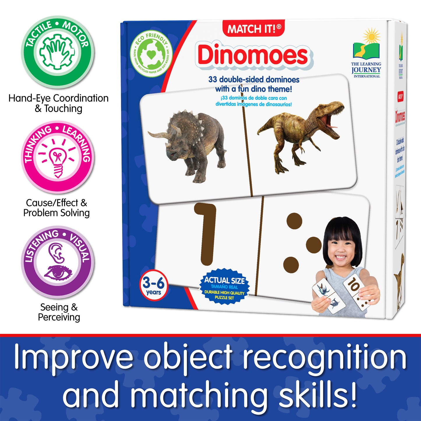 Infographic about Match It - Dinomoes' educational benefits that says, "Improve object recognition and matching skills!"