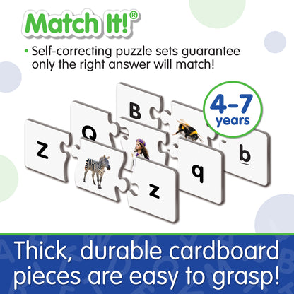 Infographic about Match It - Upper and Lower Case Letters' features that says, "Thick, durable cardboard pieces are easy to grasp!"