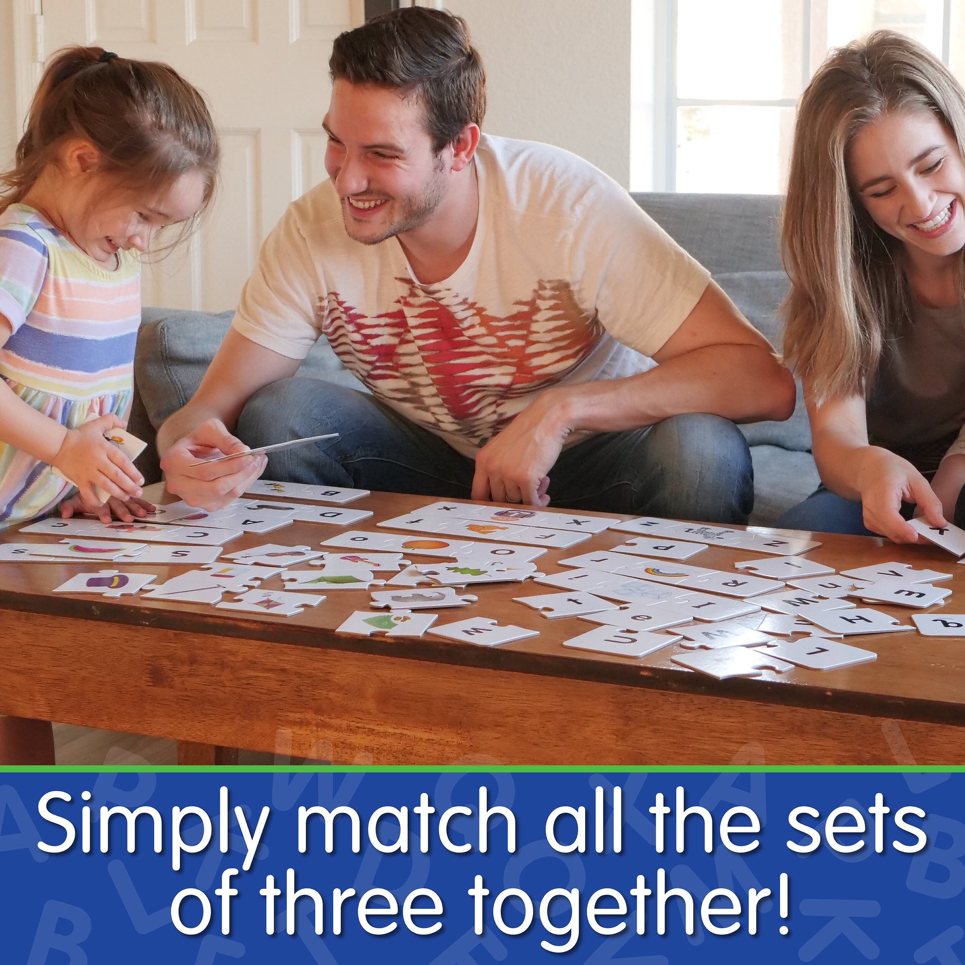Infographic of young family playing Match It - Upper and Lower Case Letters together that says, "Simply match all the sets of three together!"