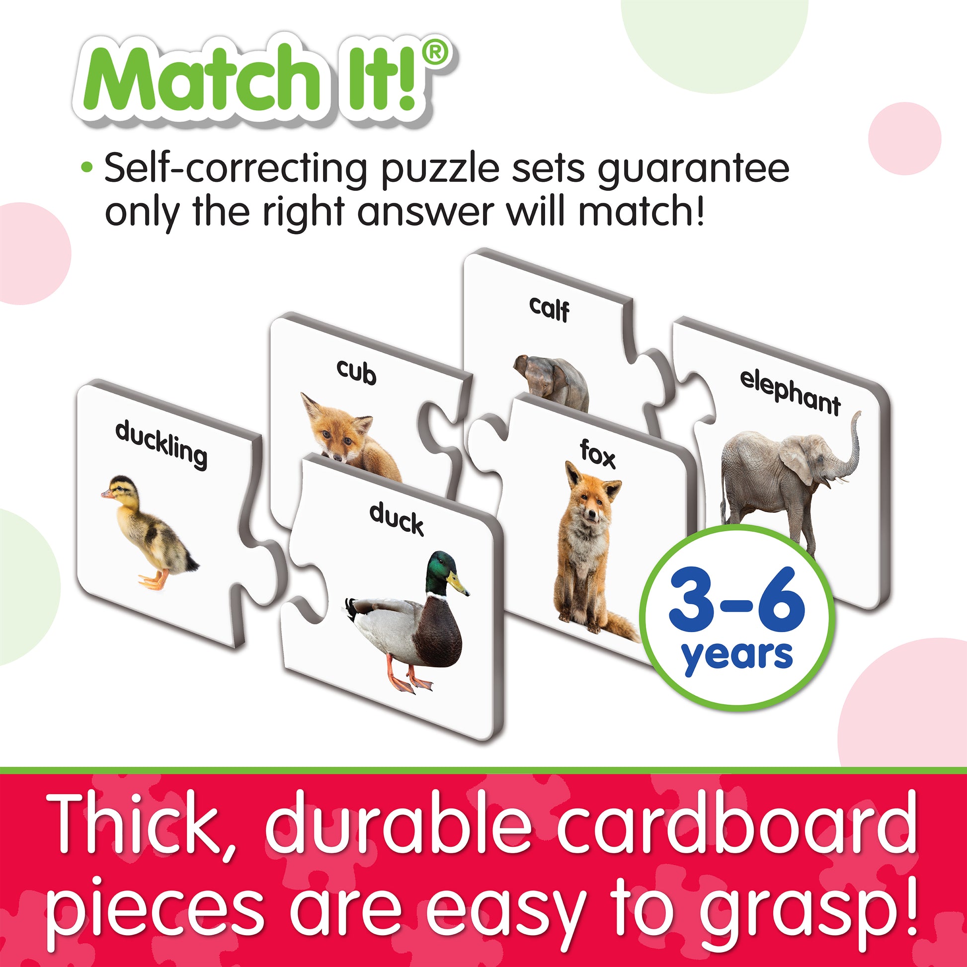 Infographic about Match It - Animal Families' features that says, "Thick, durable cardboard pieces are easy to grasp!"
