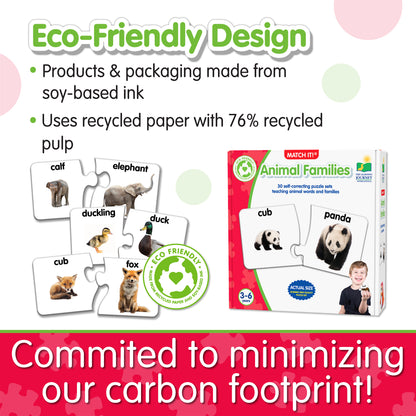 Infographic about Match It - Animal Families' eco-friendly design that says, "Committed to minimizing our carbon footprint!"