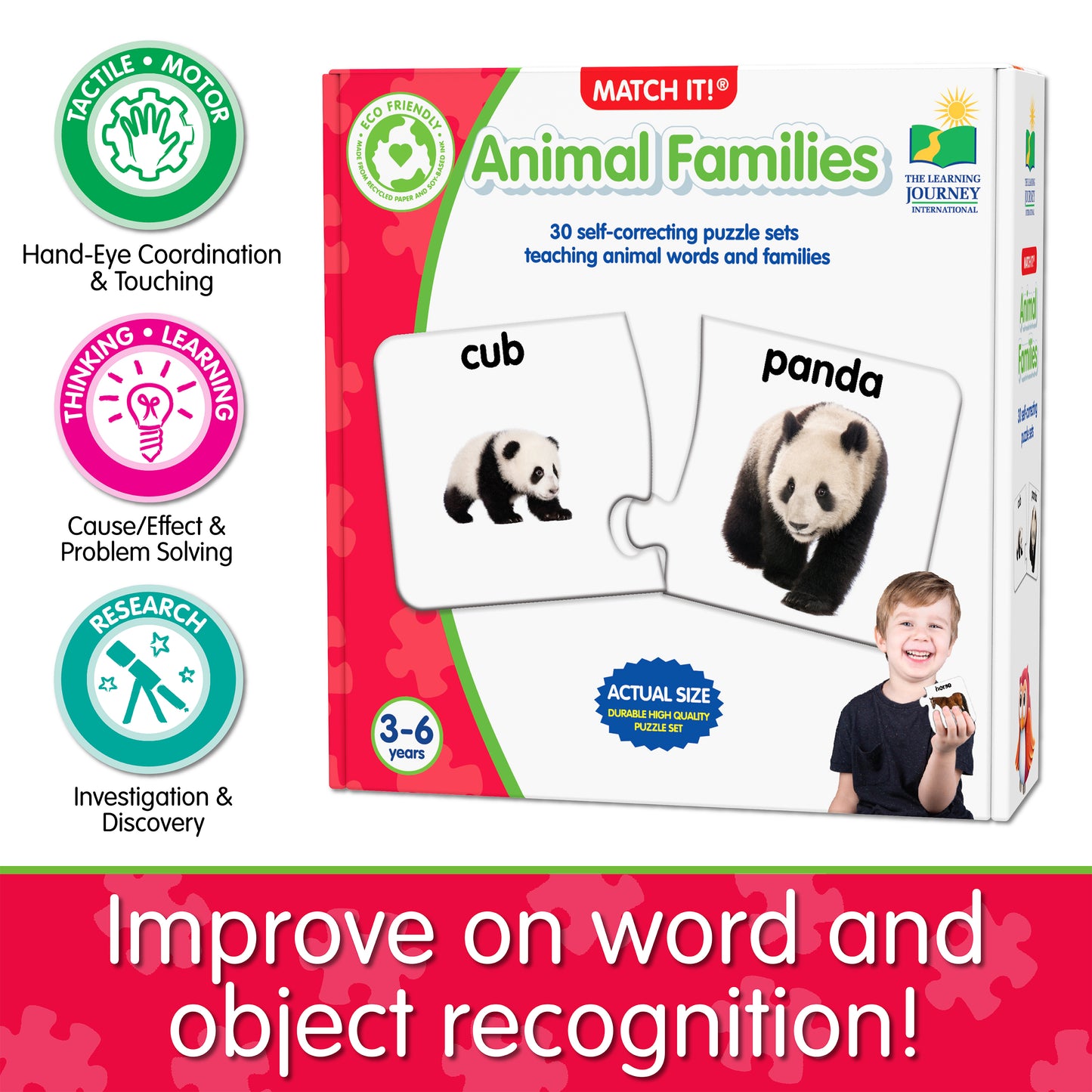 Infographic about Match It - Animal Friends' educational benefits that says, "Improve on word and object recognition!"