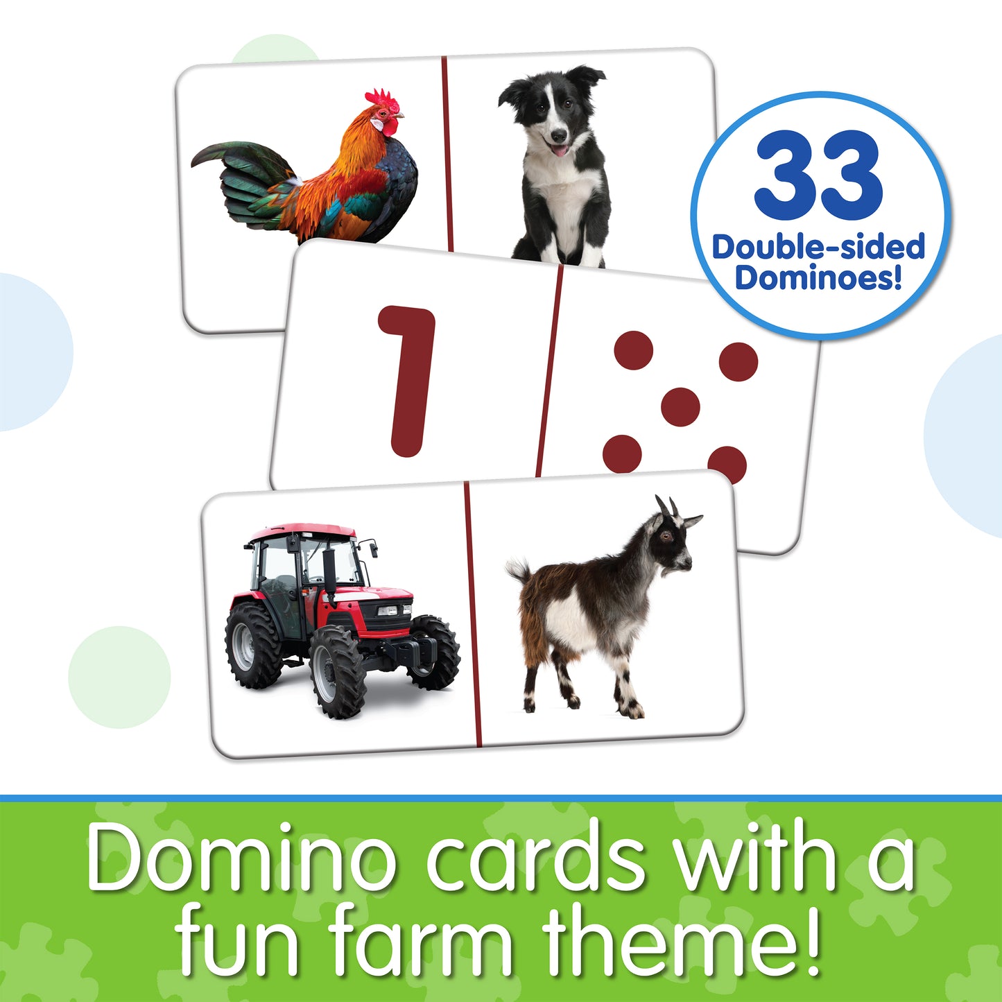 Infographic about Match It - Farminoes that says, "Domino cards with a fun farm theme!"